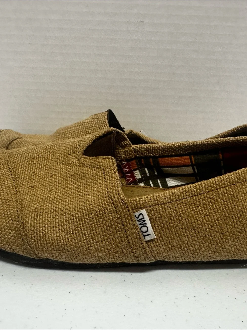 TOMS Classic Burlap Canvas Slip On Flats Plaid Lined Women’s Size 12 Tan